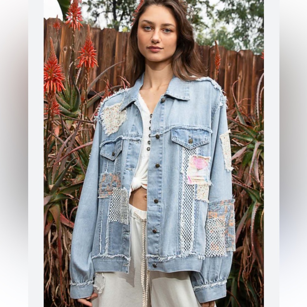 Pol Patchwork Denim Jacket Large Oversized Fit Ba… - image 1